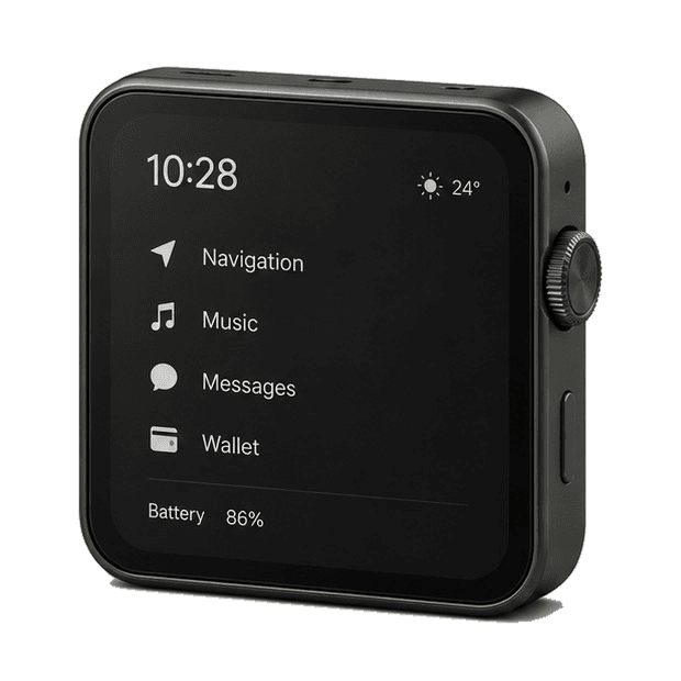 ROAM, a small square personal device in graphite olive aluminium with a knurled crown on its right edge. The display shows the time, the weather, and four entries: Navigation, Music, Messages and Wallet.