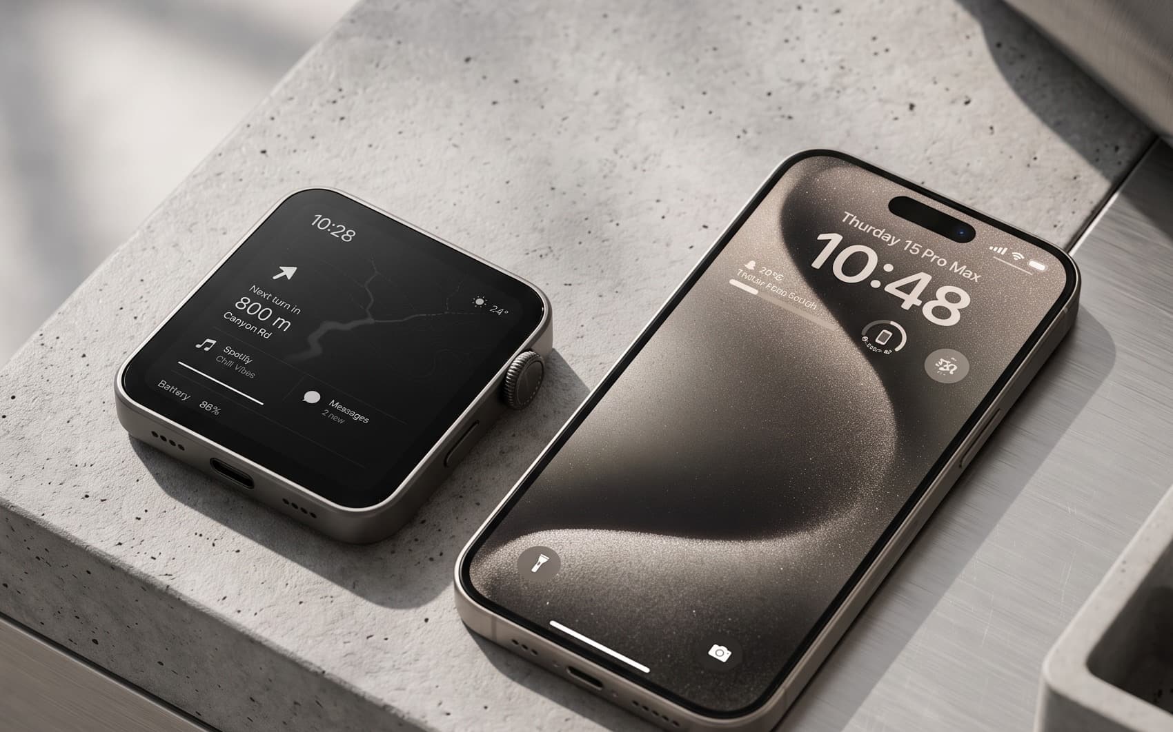 ROAM lying beside an iPhone 15 Pro Max on a concrete ledge. The square device is a little over half the length of the phone.